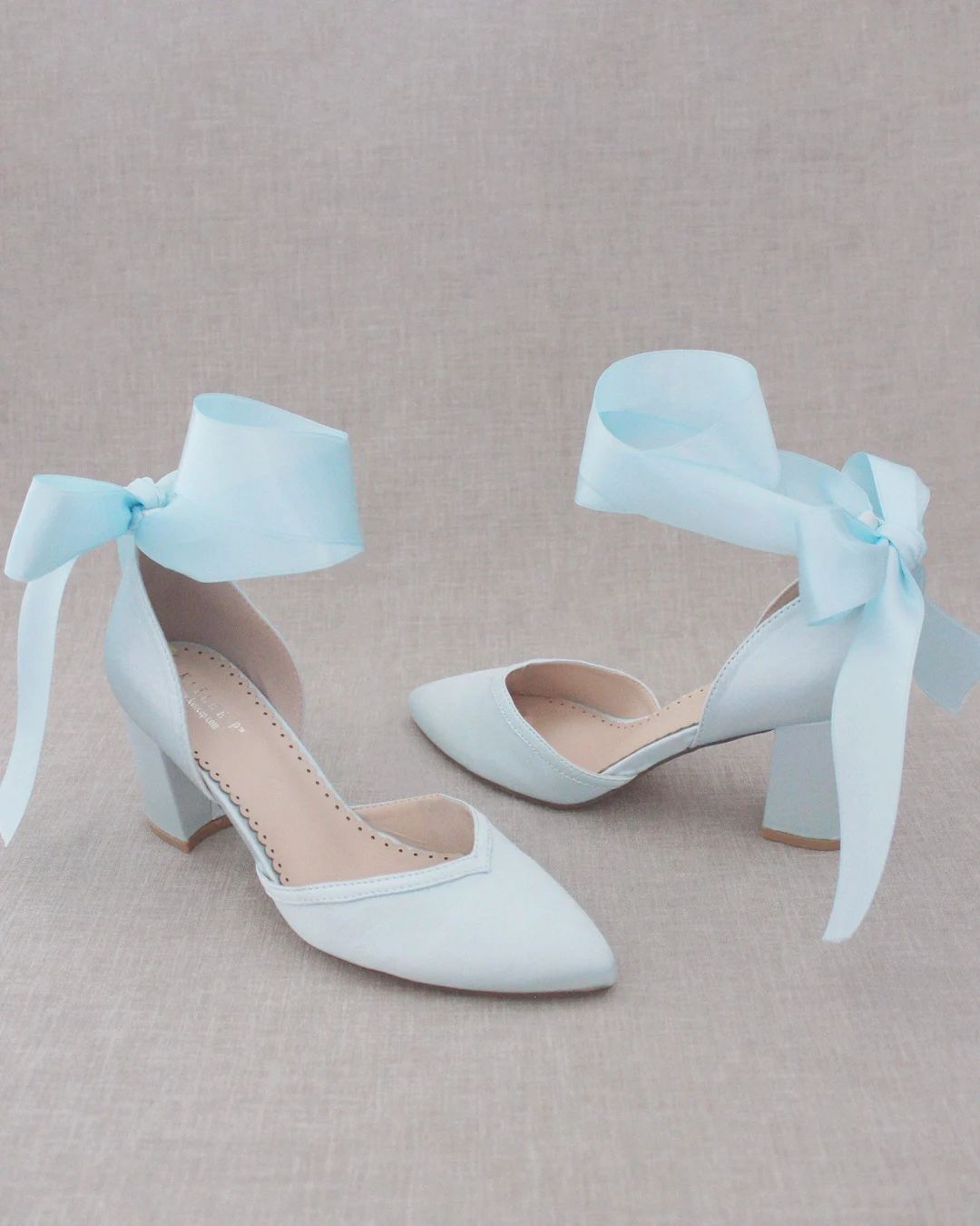 Light Blue Satin Almond Toe Block Heel With Wrapped Ribbon Tie Women Wedding Shoes, Bridesmaids S... | Etsy (US)