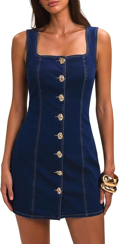 EZAPINE Denim Dress for Women Square Collar Sleeveless Denim Bodycon Dress Metal Button Mini Jean... | Amazon (US)