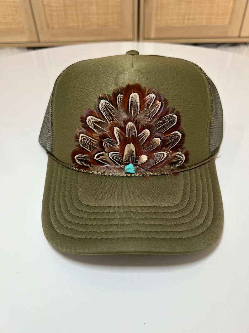 FEATHER Trucker Hat Feather Turquoise Stone Embellished Trucker Hat Olive Green | Etsy (US)