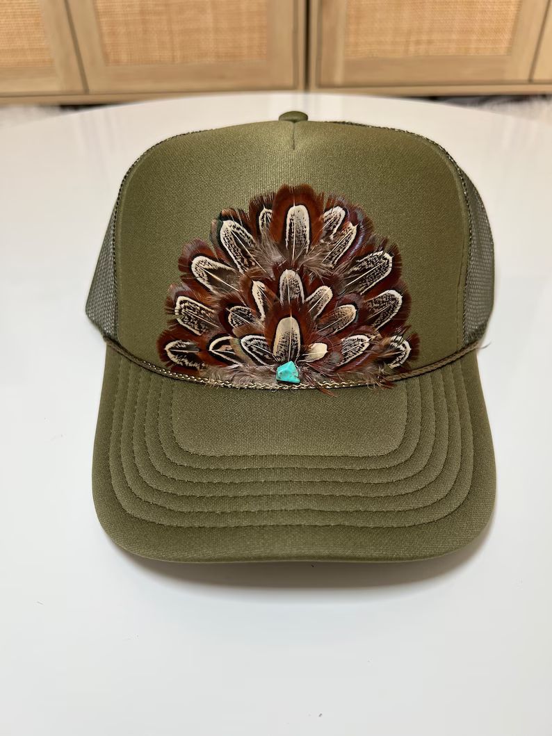 FEATHER Trucker Hat Feather Turquoise Stone Embellished Trucker Hat Olive Green | Etsy (US)