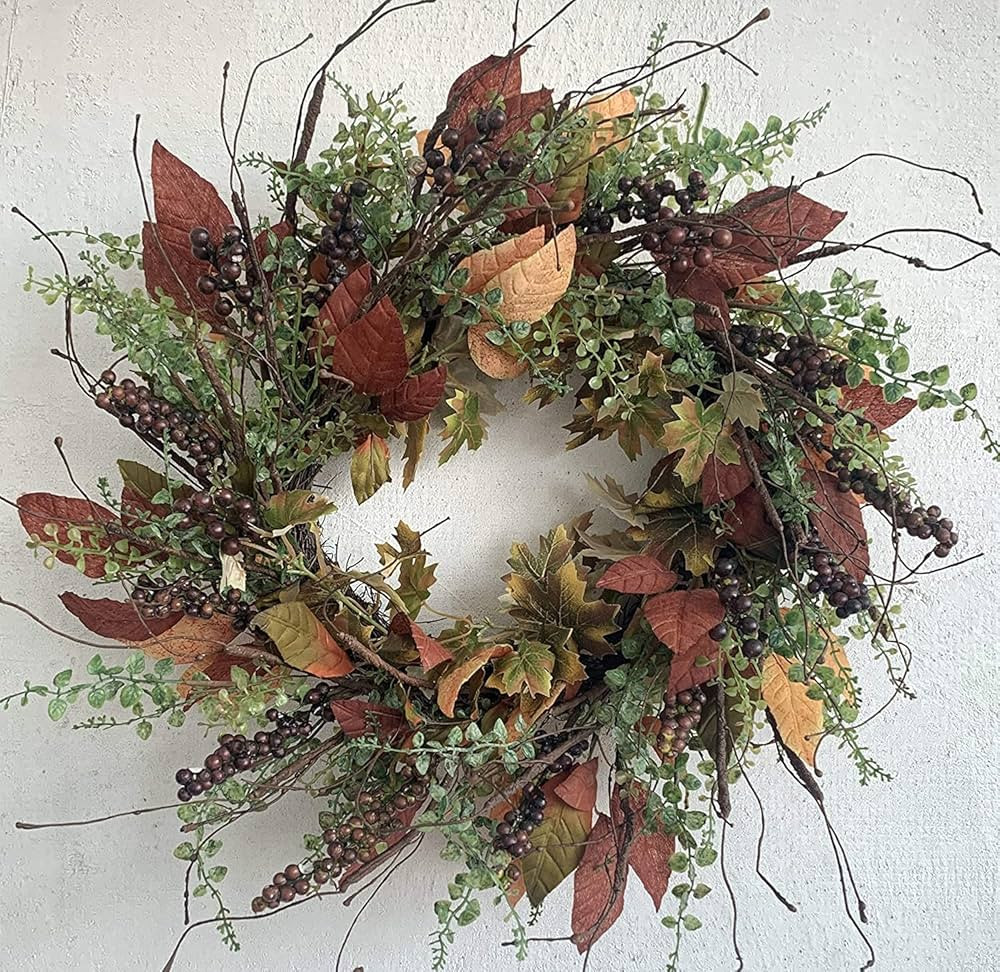 24 Inch Fall Front Door Wreath Burgundy Berry Wreath with Mixed Magnolia Maple Leaves Large Decor... | Amazon (US)