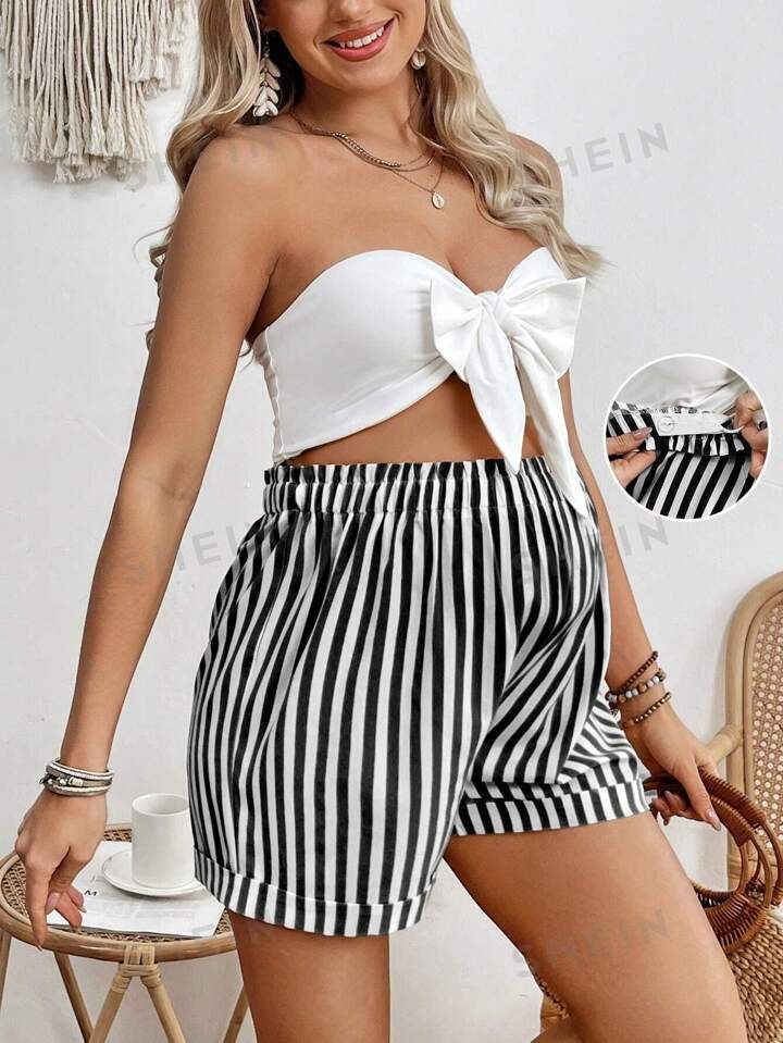 SHEIN Maternity Butterfly Knot Strapless Top And Striped Floral Loose Shorts 2Pcs/Set Short Sets ... | SHEIN