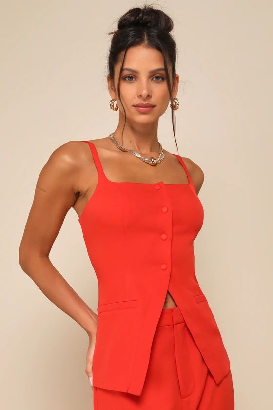 Chic Muse Bright Red Button-Front Cami Vest Top | Lulus