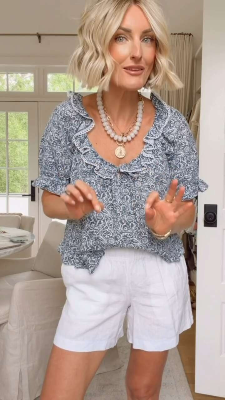 How feminine and fun is this ruffle printed blouse! Cannot believe how affordable this look is! If you want to add some fun personality in with these shorts then this blouse is the perfect option. Wearing XS in both!

Loverly grey, spring outfit ideas, spring style, how to style white linen shorts, target finds, quince finds, affordable fashion womens 

 #LTKSeasonal