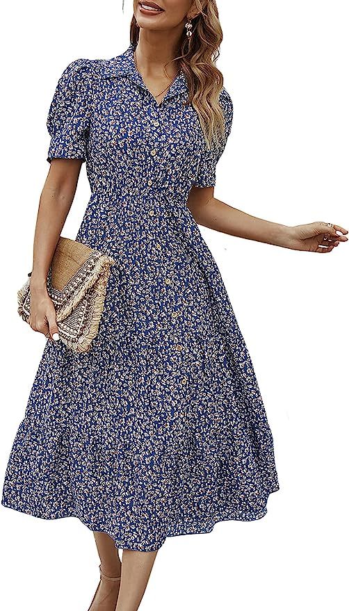 GAOVOT Women's V Neck Floral Print Dresses Button Down Short Sleeves Casual Elastic High Waist Fl... | Amazon (US)