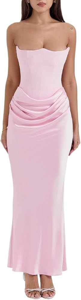 Women's Multicolored Waist Cinched Satin Strapless Shoulder Fish Bone Pleated Long one-Piece Dres... | Amazon (US)