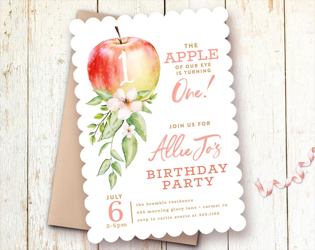 Apple Birthday Invitations, Apple of Our Eye, 1st Birthday Invitations Girl Apple, One Year Girl ... | Etsy (US)