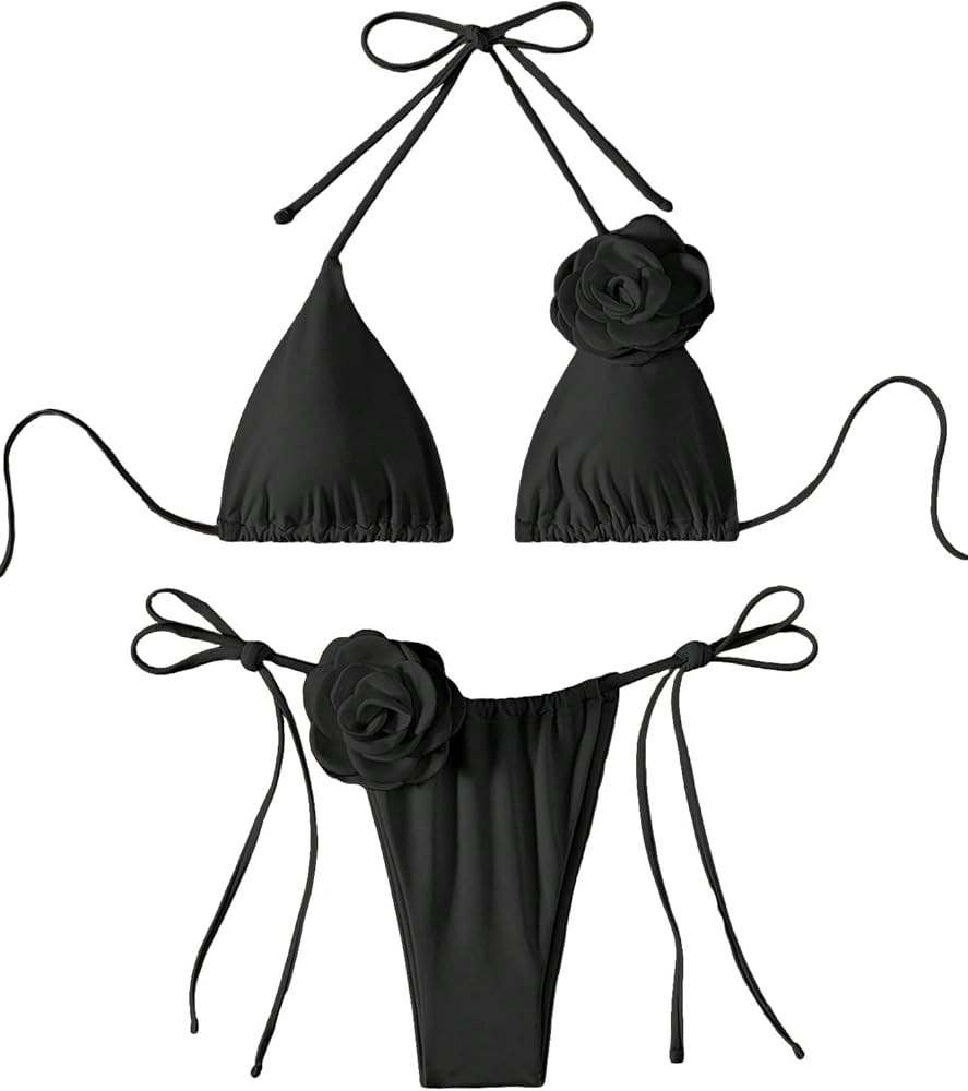 COZYEASE Women's 2 Piece Swimsuits Floral Appliques Halter Tie Side Triangle Thong Bikini Sets Ba... | Amazon (US)