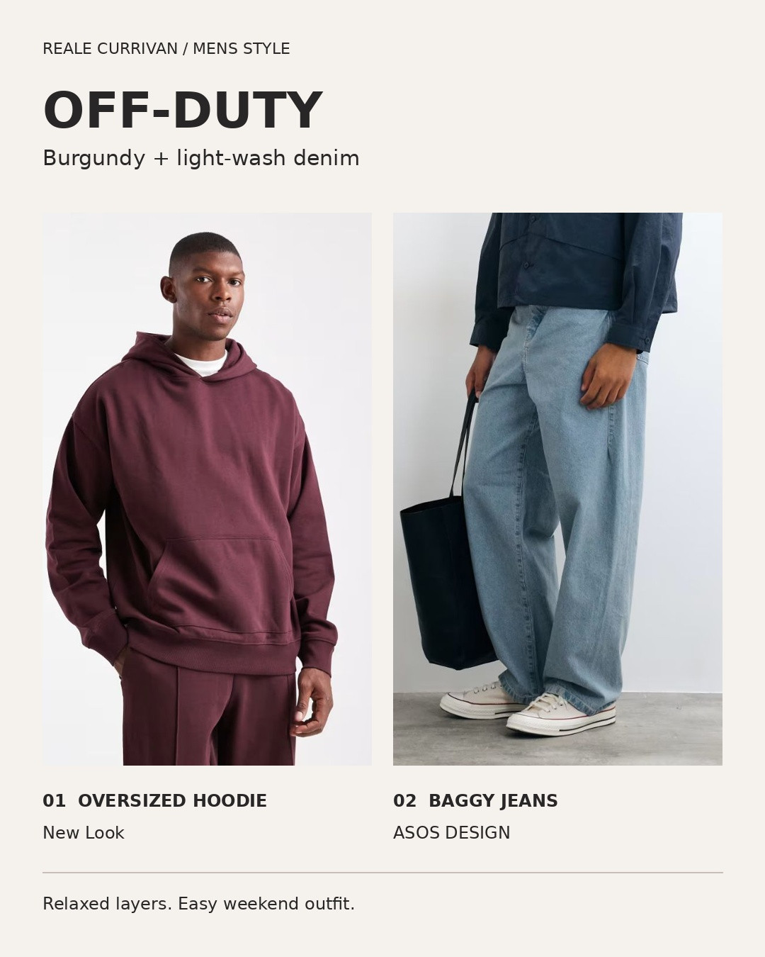 Off-duty outfit idea: a burgundy oversized hoodie with light-wash baggy jeans. A relaxed men’s streetwear look for weekends, coffee runs and casual autumn days. Style with your favourite trainers. The New Look hoodie and ASOS DESIGN jeans shown are tagged below. #MensFashion #Streetwear #AutumnOutfits 

 