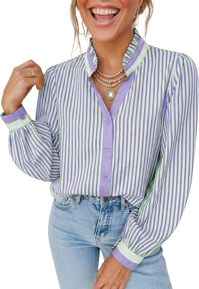 Dokotoo Womens Striped Button Down Shirt Long Sleeve V Neck Cotton Blouse | Amazon (US)