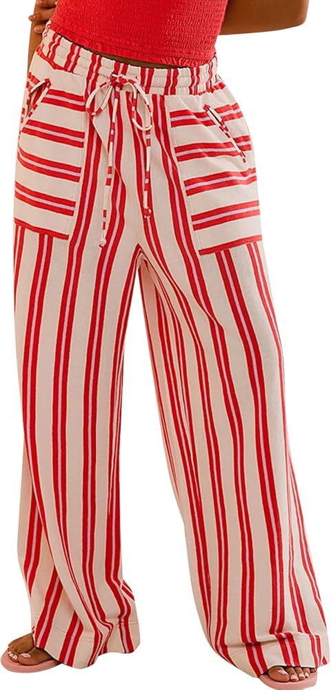 YKR Wide Leg Pants for Women Striped Loose Fit Palazzo Pants Drawstring High Waist Lounge Pants C... | Amazon (US)
