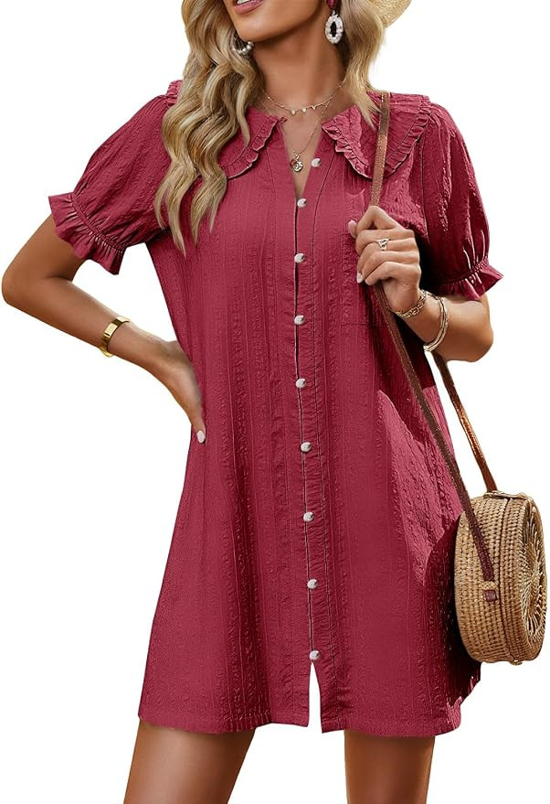 Cicy Bell Womens Puff Sleeve Peter Pan Collar Mini Shirt Dress Button Down Summer Casual Textured... | Amazon (US)
