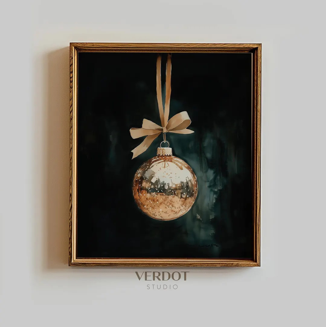 Gold Christmas Ornament Print, Christmas Decor Printable Wall Art, Christmas Bauble Painting, Dar... | Etsy (US)