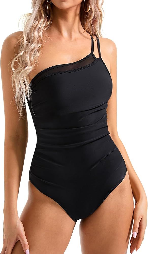 SUUKSESS Women Tummy Control One Piece Swimsuit Mesh One Shoulder Bathing Suit | Amazon (US)