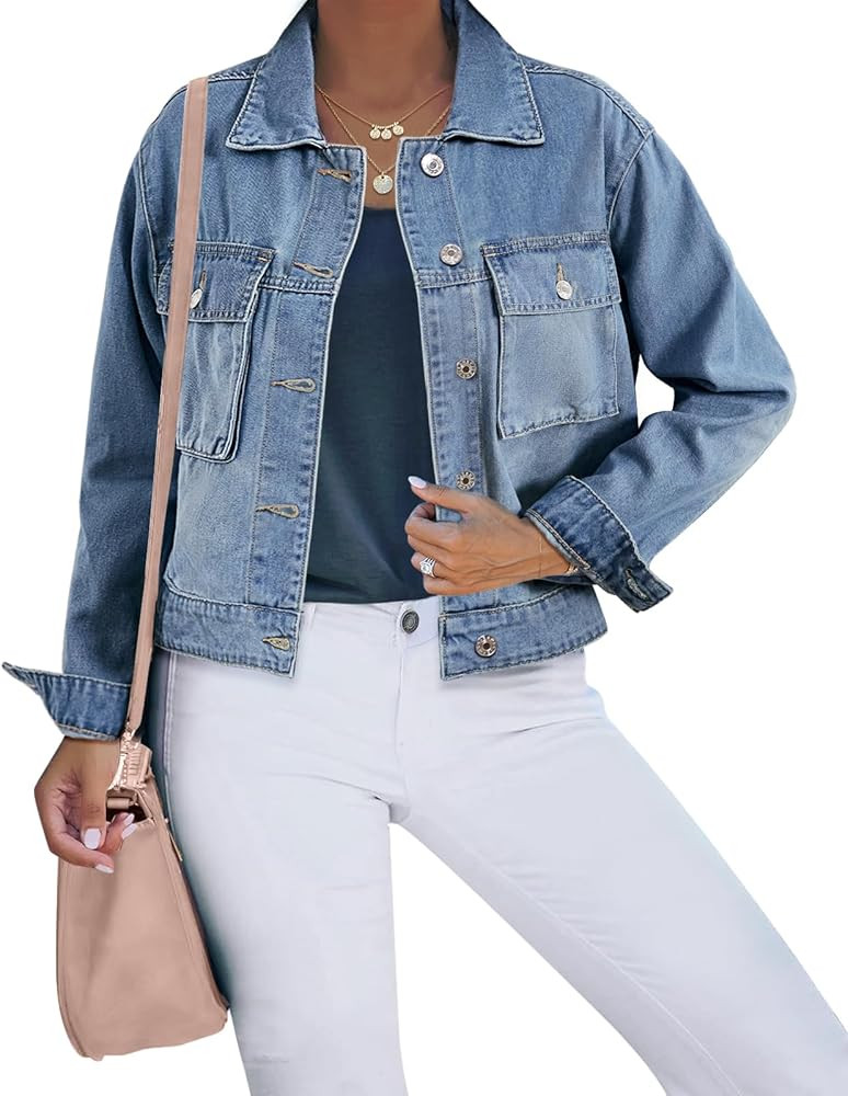 luvamia Denim Jacket for Women Cargo Pocket Lightweight Cropped Jean Jackets Oversized Trucker Sh... | Amazon (US)