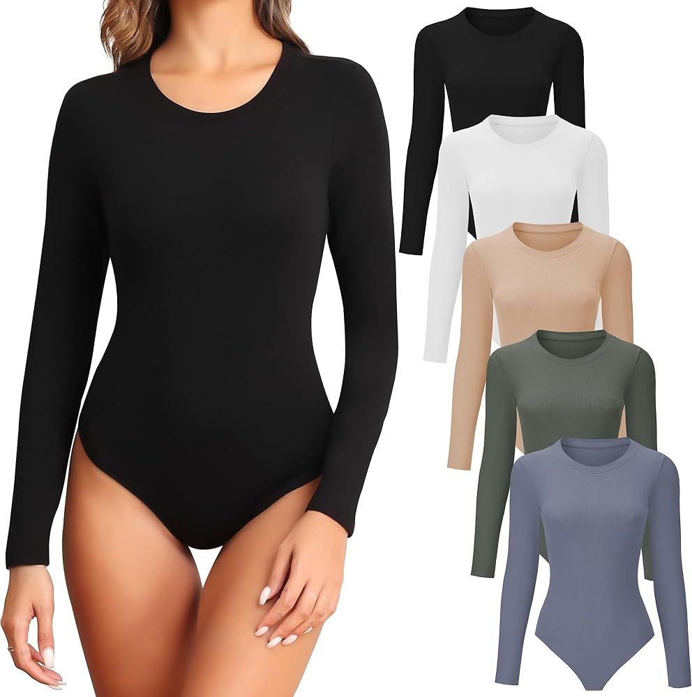 TVKSOM 4/5 Pack Long Sleeve Bodysuit for Women Round Neck Casual Basic Stretchy Body Suits Tops | Amazon (US)