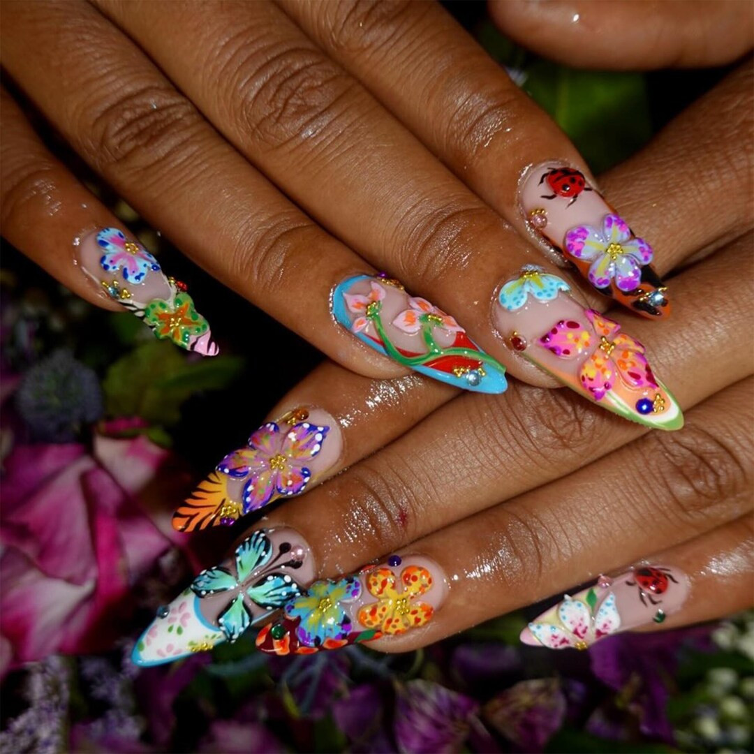 Vibrant 3D Butterfly Press on Nails | Bold & Colorful Fake Nails | Handmade Floral Nail Art | Gar... | Etsy (US)