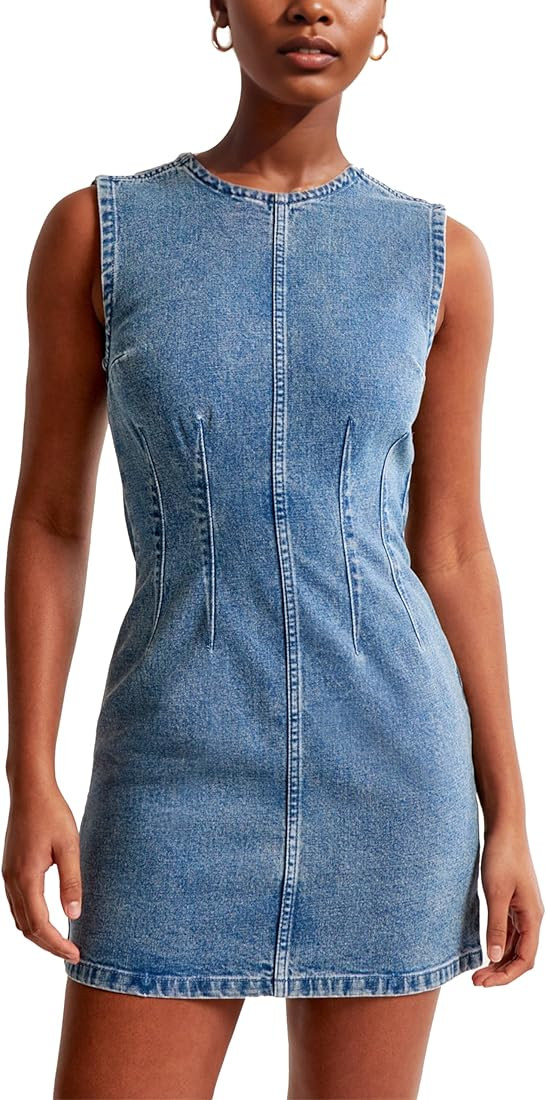 Daacee Women’s Sleeveless Bodycon Denim Mini Dress Casual Waist Tucks Tank Jean Dresses | Amazon (US)