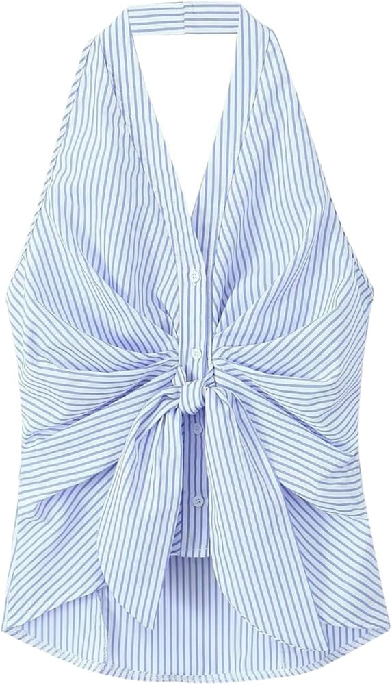 BAIMORE Women's Chic Deep V Neck Striped Knot Button Front Backless Halter Top | Amazon (US)