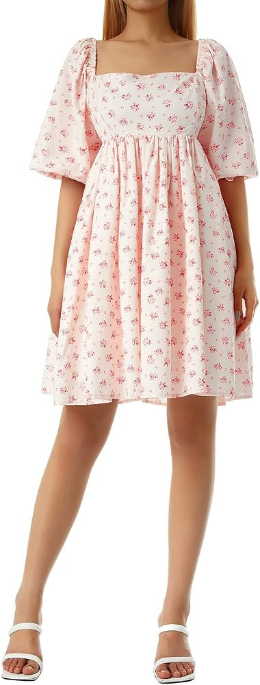 Women 3/4 Puff Sleeve Babydoll Dress Square Neck High Waist Ruffle A Line Flowy Casual Short Mini... | Amazon (US)