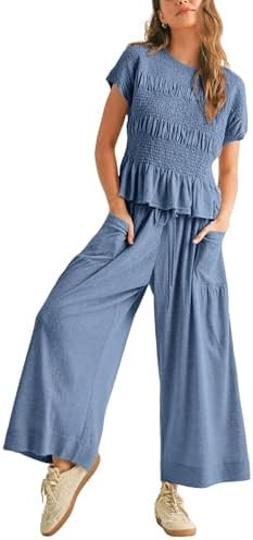 Antnation Womens 2 Piece Smocked Top Wide-Leg Pants Set High-Waisted Lounge Outfit with Pockets C... | Amazon (US)