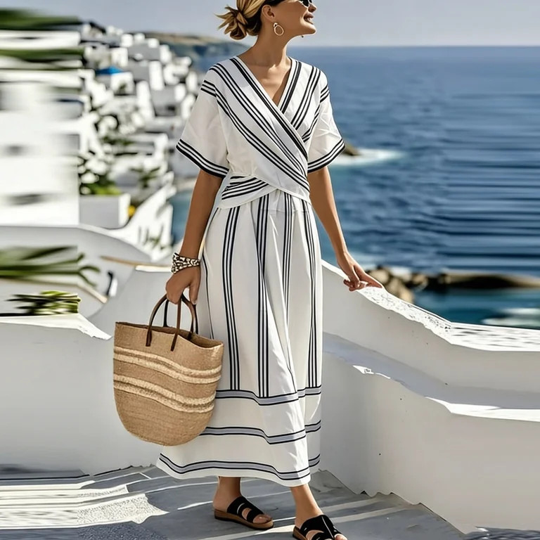 Women's Maxi Dress Plus Size Vertical Striped Print V-Neck Short Sleeve Empire Waist Wrap Long Dr... | Walmart (US)