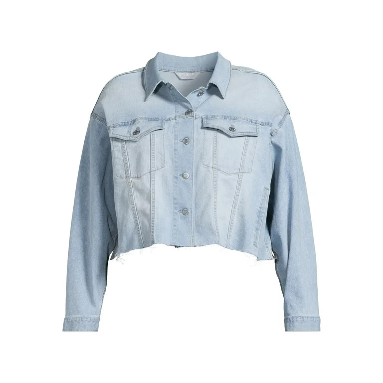 No Boundaries Juniors Plus Size Cropped Denim Jacket with Raw Edge Hem - Walmart.com | Walmart (US)