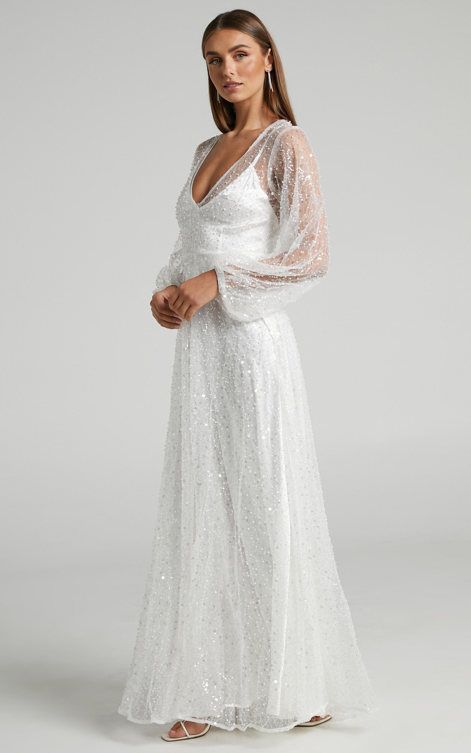 Leauna Bridal Gown - Sheer Long Sleeve Deep V Neck Embellished Tulle Gown in Ivory | Showpo (US, UK & Europe)