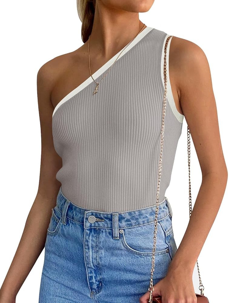 ZESICA Women's One Shoulder Tank Top Summer Sleeveless T Shirt Ribbed Knit Color Block Slim Fit B... | Amazon (US)