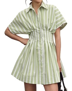 Women’s Button Front Down Pleated Shirt Dress Summer Casual Striped Short Sleeve Blouse Mini Dr... | Amazon (US)