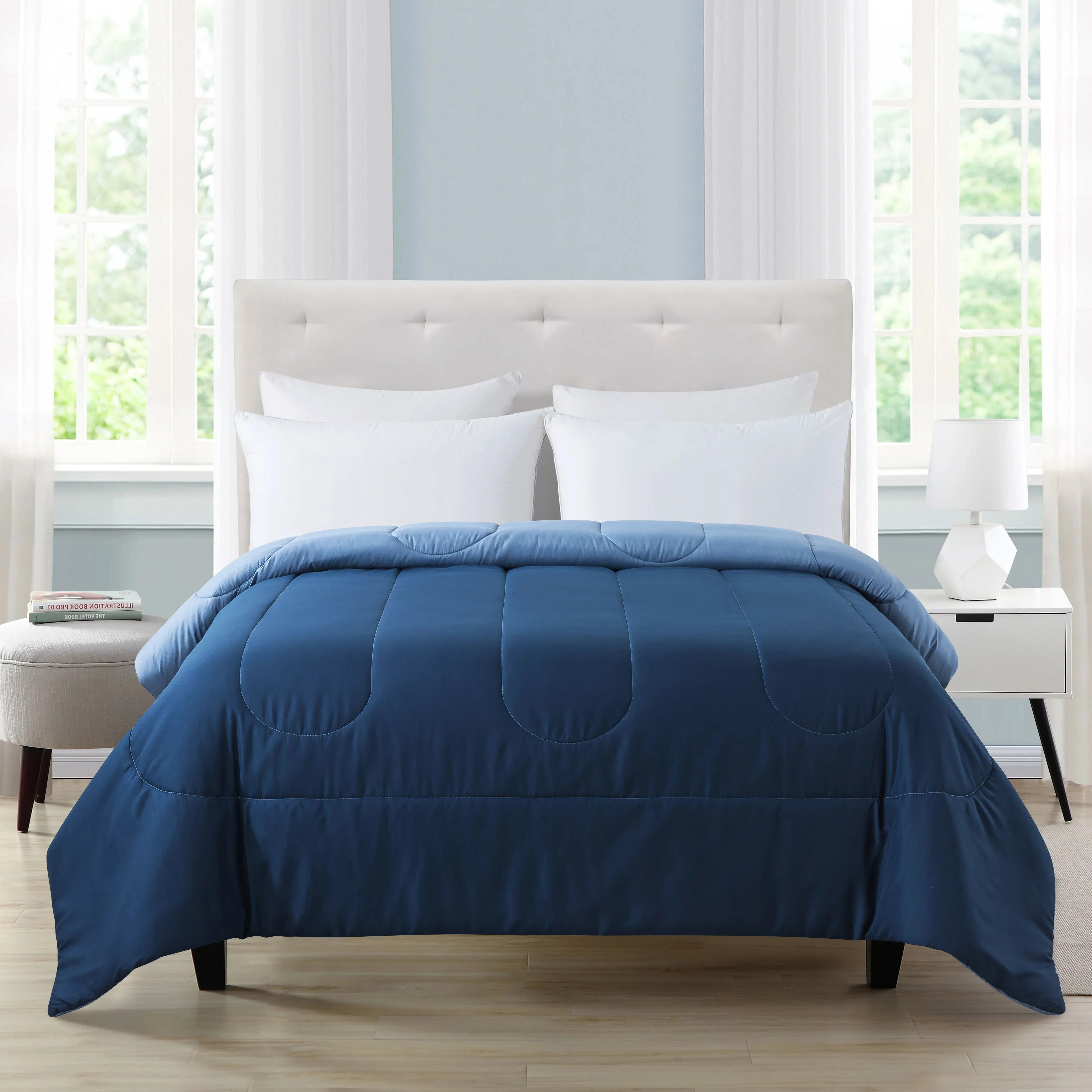 Mainstays Reversible Microfiber Comforter, Navy, Queen | Walmart (US)
