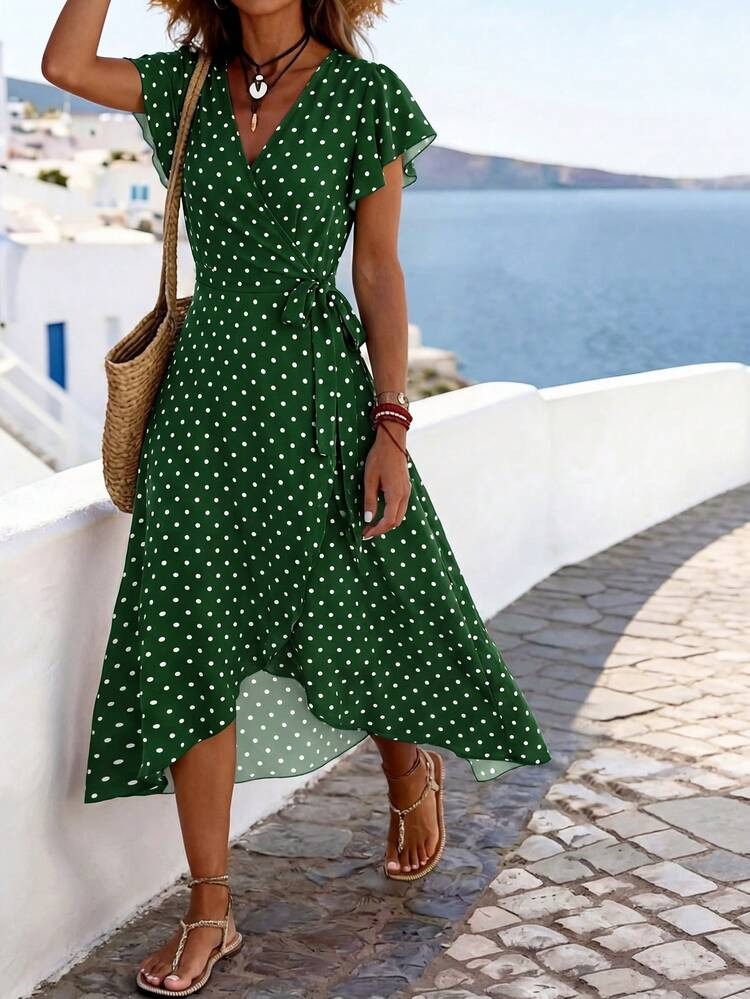 EMERY ROSE Polka Dot Print Butterfly Sleeve Knot Side Wrap Dress Maxi Vacation Beach Outfits Women | SHEIN USA | SHEIN