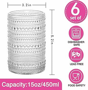 Consou Large Glasses Set of 6, 15 oz Hobnail Glassware Thick Glass Heavy Base | Amazon (US)