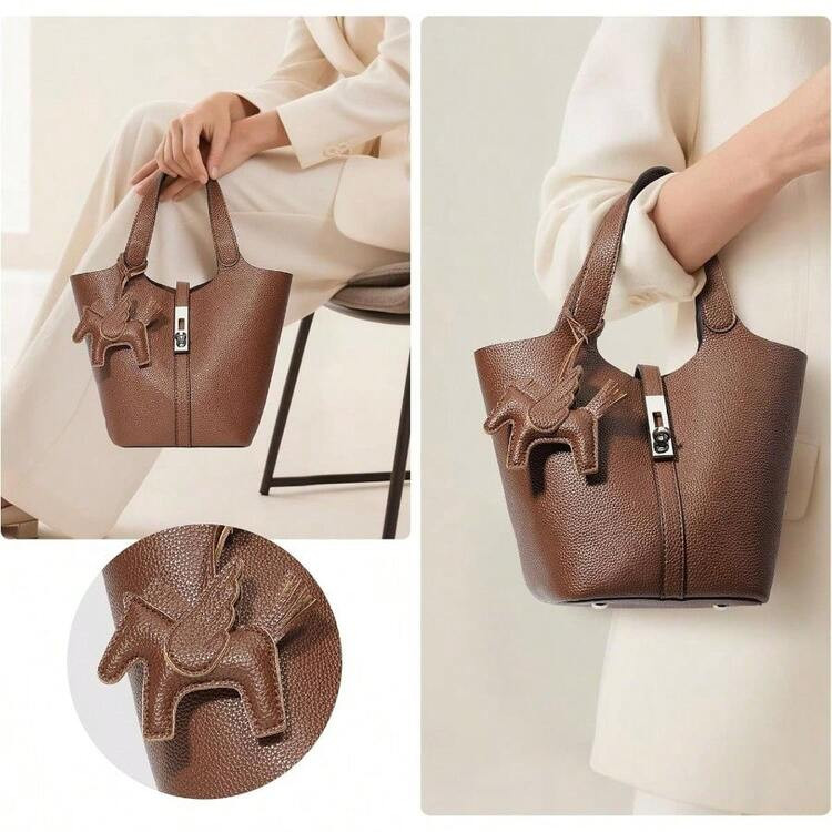 Bolso De Mano Tipo Cubo De Piel Vegana Para Mujer, Bolso De Hombro Con Asa Superior Y Bolso Pequeño Desmontable | SHEIN
