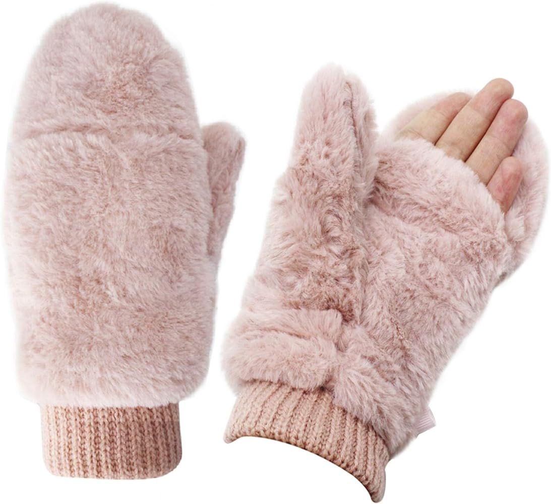 JUMISEE Women Winter Faux Fur Flip Cover Mittens Warm Soft Half Finger Fingerless Gloves | Amazon (US)