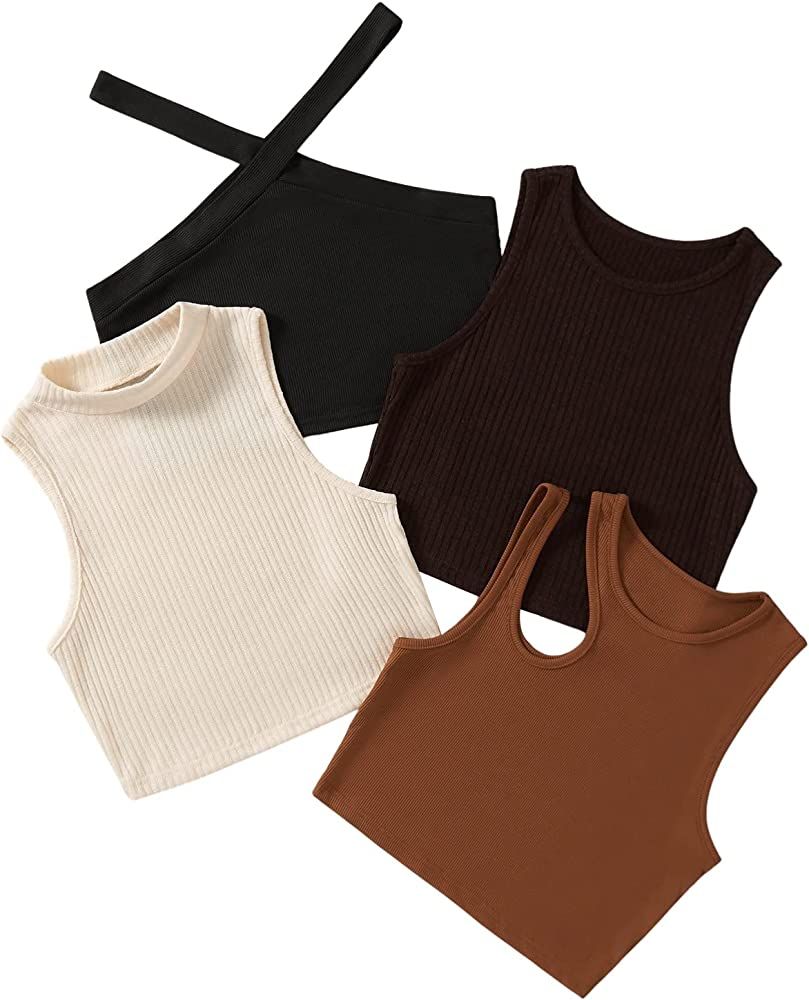 SheIn Women's 4 Piece Ribbed Knit Crop Tank Top 4 Pack Basic Sleeveless Cami Crop Tops | Amazon (US)