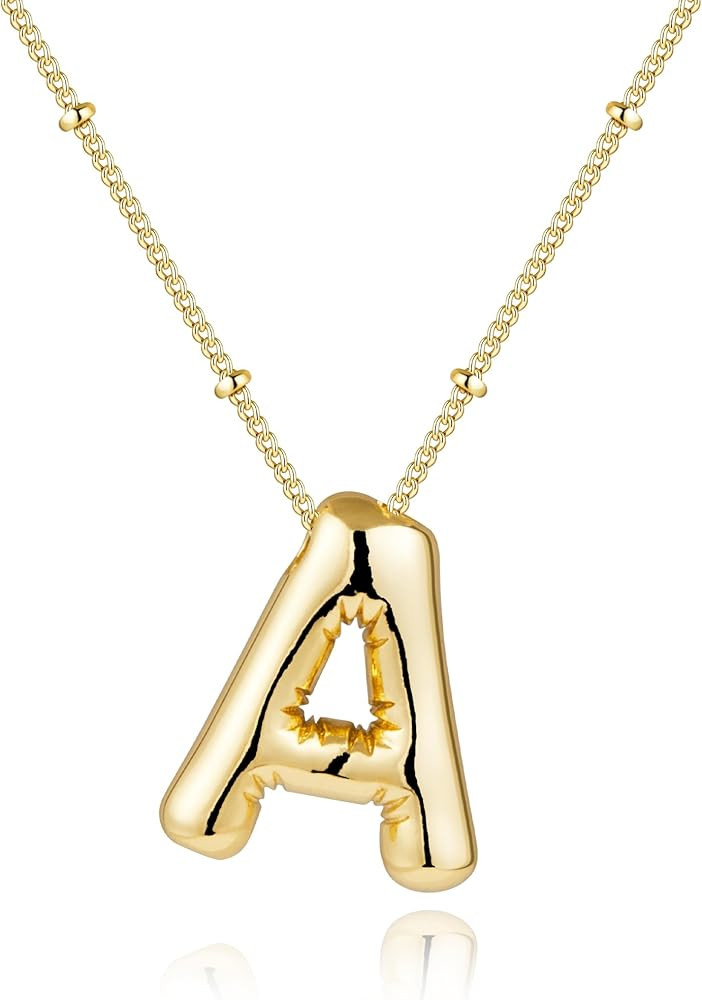 Amazon.com: Inerney Gold Bubble Letter Necklace Initial Necklaces for Women, Chunky 14K Plated Ba... | Amazon (US)