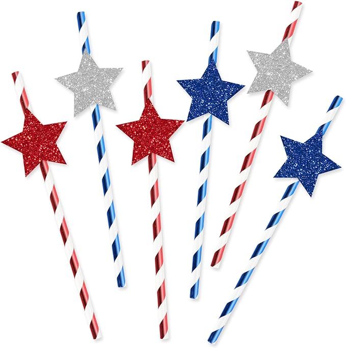 Whaline 60Pcs 4th of July Star Paper Straws Patriotic Glitter Red Blue White Stars Stripes Dispos... | Amazon (US)