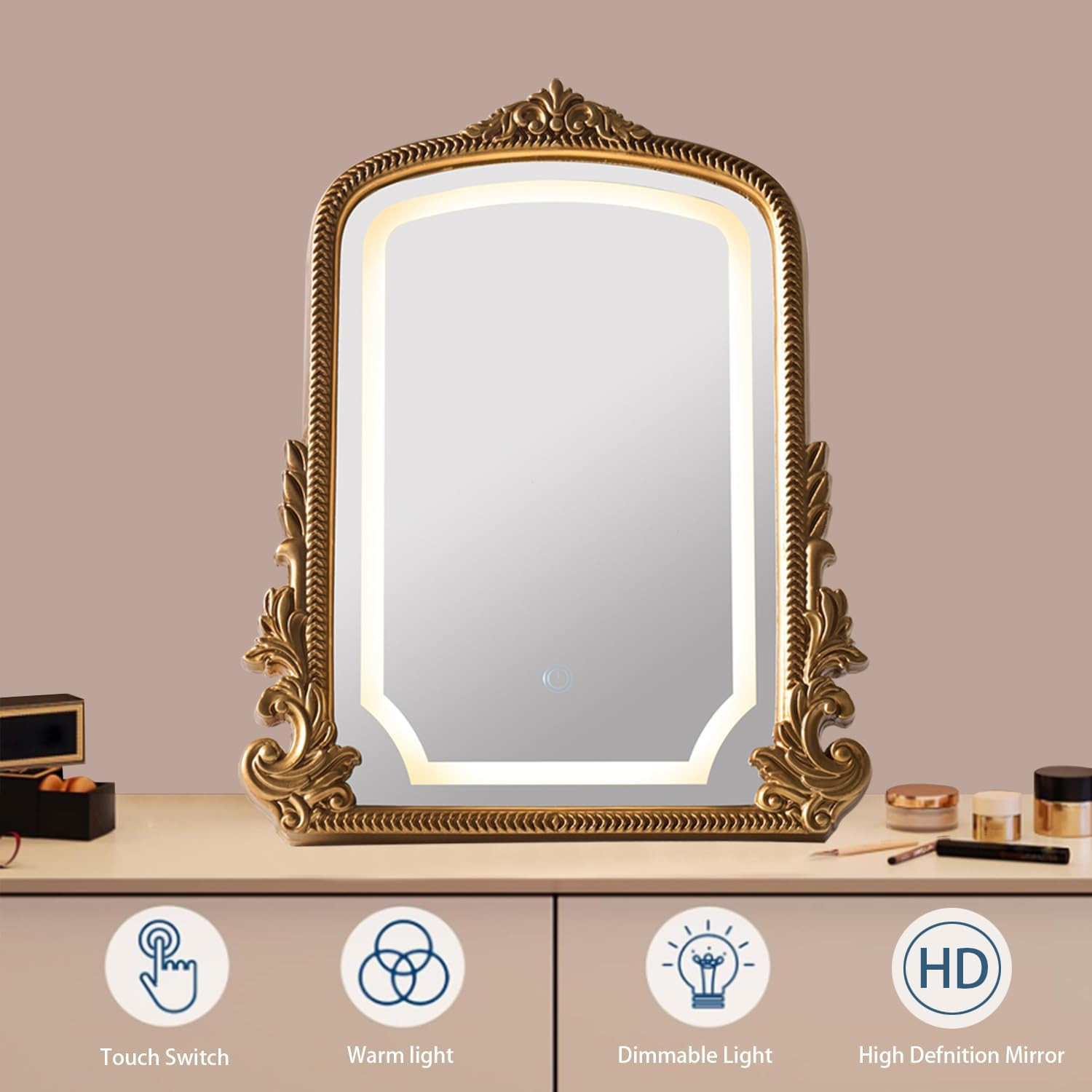 HSDDHOME Vintage Vanity Mirror with Three-Color Lighting, Antique Gold Carved Arch Table Mirror, ... | Amazon (US)