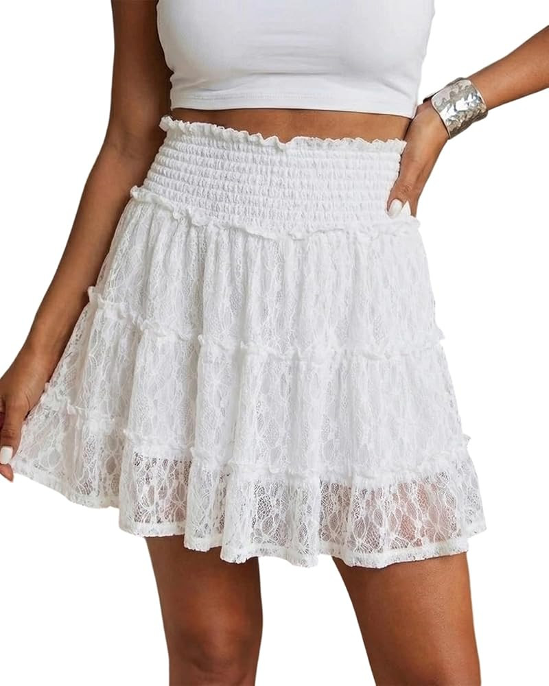 Womens Lace Mini Skirt High Waisted Flowy Skirts with Shorts Underneath Boho A Line Skort Trendy ... | Amazon (US)