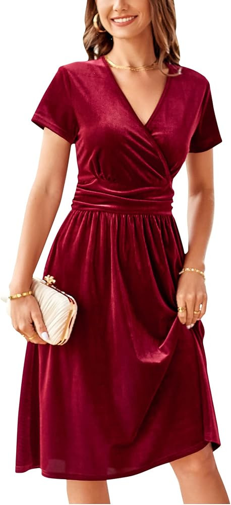 OUGES Women's Summer Short Sleeve V-Neck Floral Short Party Dress with Pockets | Amazon (US)