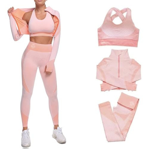 EROSEL 3 Piece Workout Sets for Women – Seamless Fitness Sets for Women with Jacket, Sports Bra & Leggings Women’s Gym Yoga Outfit for Woman, Fitness Gym Yoga Clothes For Woman Pink Workout Set L | Amazon (US)