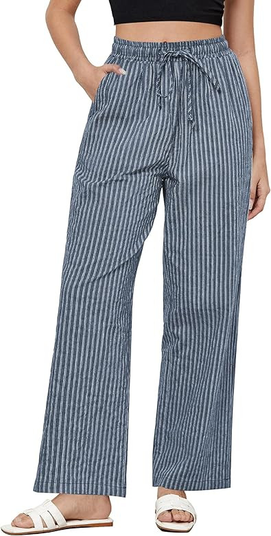 GRAPENT Striped Pants for Women High Waisted Wide Leg Cotton Linen Trendy Beach Pull On Elastic W... | Amazon (US)