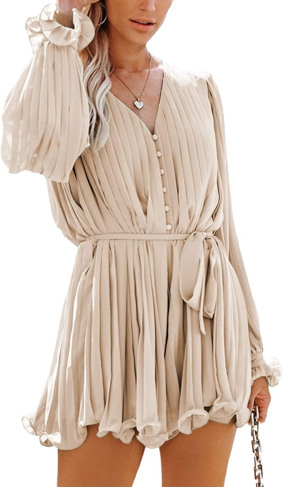 Dokotoo Womens 2023 Summer Buttons V Neck Tie Waist Flared Pleated Drape Long Sleeve Rompers Jump... | Amazon (US)