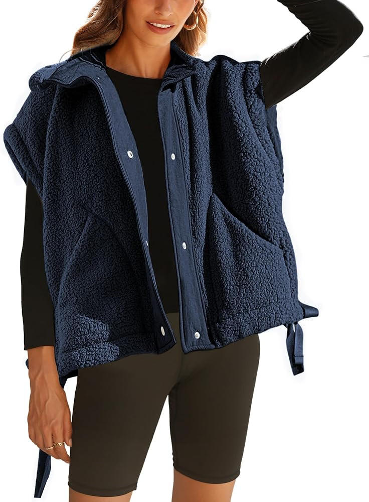 Casual Funnel Neck Snap Button Gilet Outerwear, Side Pockets, Drawstring Hem, Fluffy Warm Comfort... | Amazon (US)