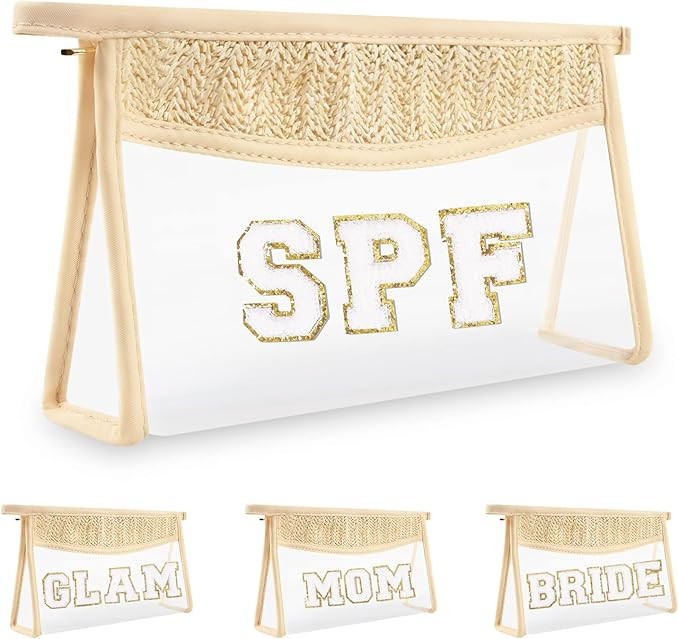 Iqimott Boho Patch SPF Bag Clear Makeup Letter Bag, Waterproof Zipper Make up Bag Toiletry Pouch ... | Amazon (US)