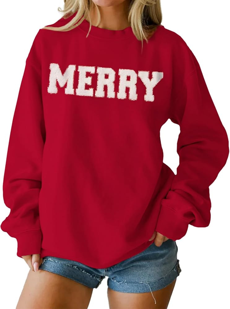 IZYJOY Christmas Women's Merry Graphic Sweatshirt Chenille Patch Letter Printed Crewneck Xmas Gif... | Amazon (US)
