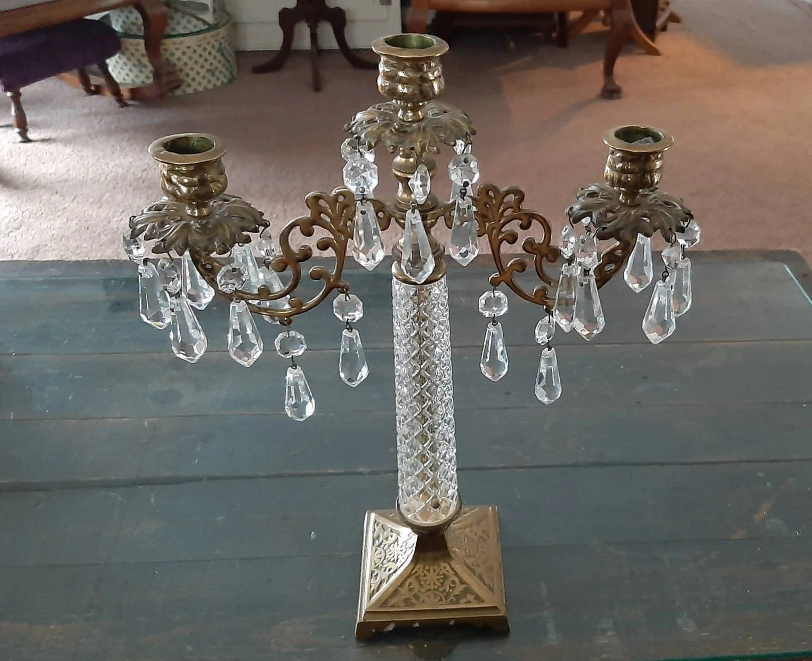 Vintage Brass Crystal Candlestick Holder Candelabra 3 Candle - Etsy | Etsy (US)