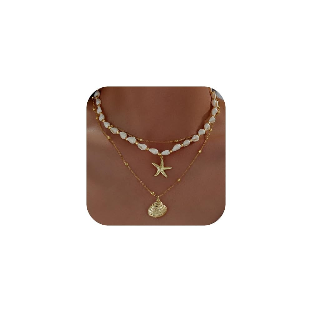 Seashell Starfish Necklace for Women Conch Shell Summer Pearl Beach 14k Gold Layered Dainty Choke... | Amazon (US)