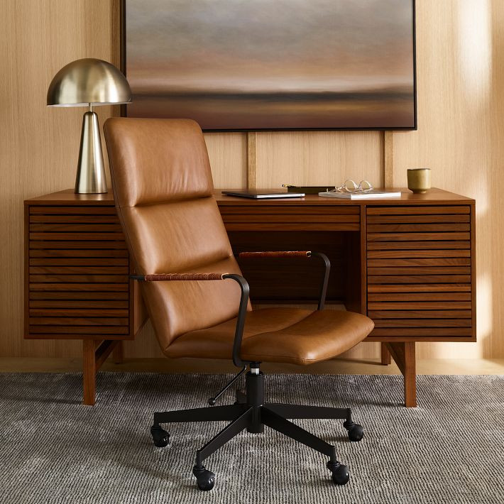 Cooper Mid-Century High-Back Leather Swivel Office Chair | West Elm (US)